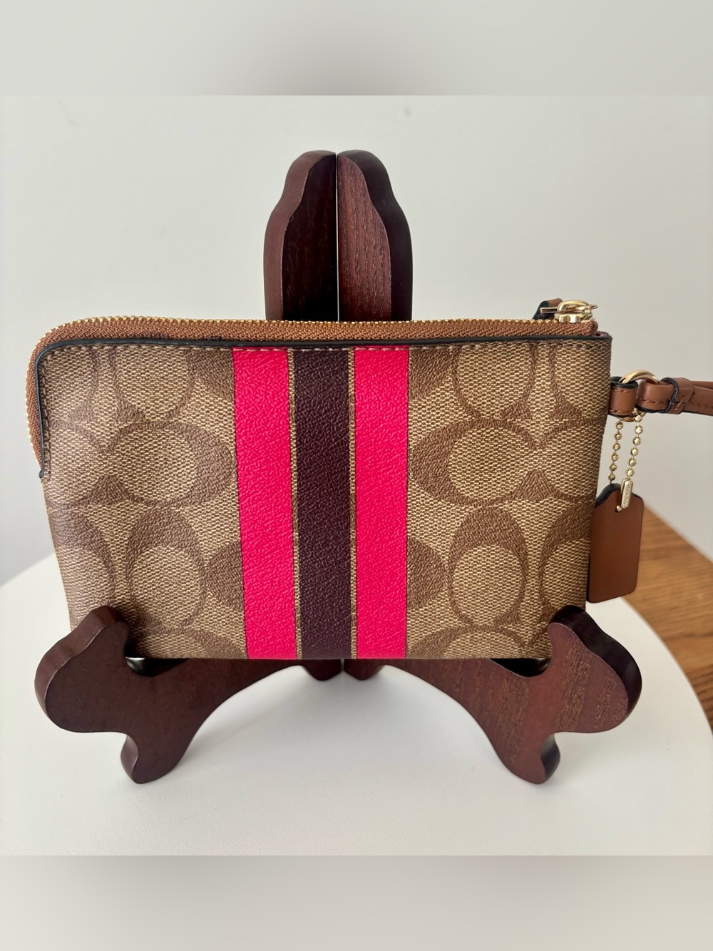 Coach Brown Signature Canvas Wristlet with Hot Pink Racing Stripe - Picture 2 of 4